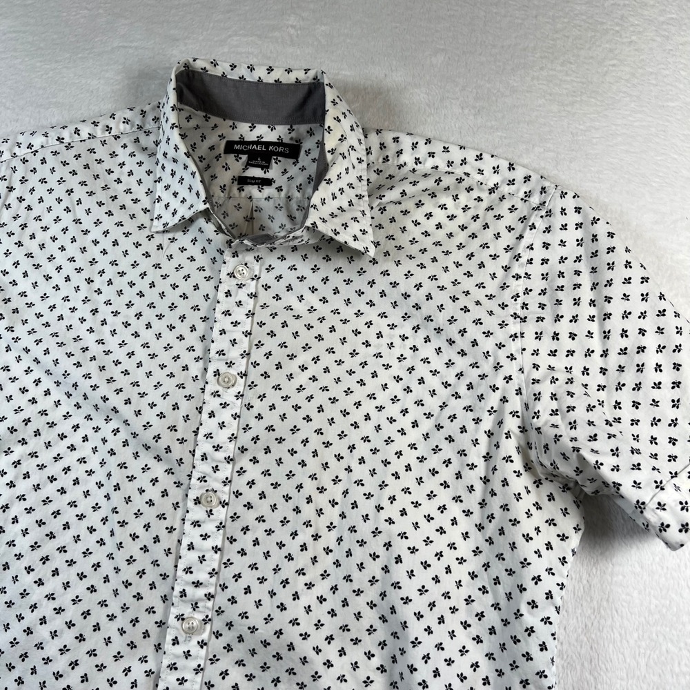 Michael Kors Mens Slim Fit Short Sleeve Button Down Shirt White Floral Leaf L
